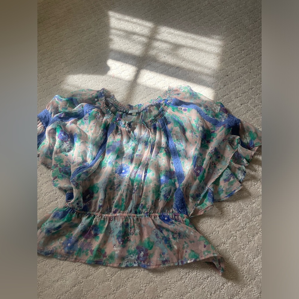 Loveshack Fancy Style Peasant Blouse with Watercolor Print